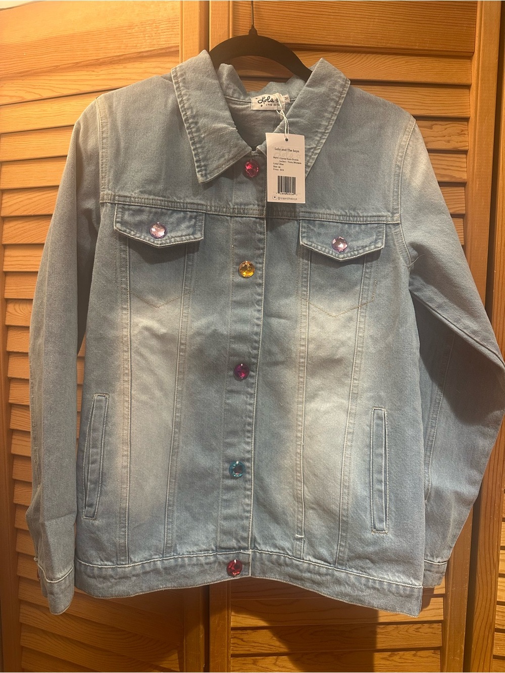 Lola + The Boys Light Blue Denim Jacket with Multicolor Jewel Buttons